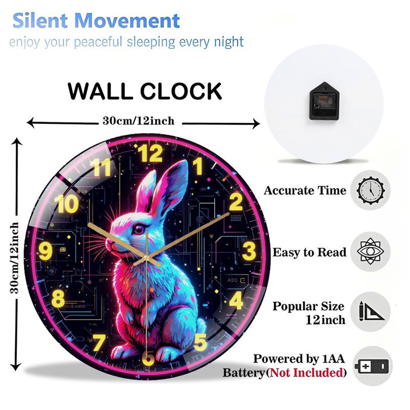 Horloge murale colorée avec motif néon et art numérique 12 po