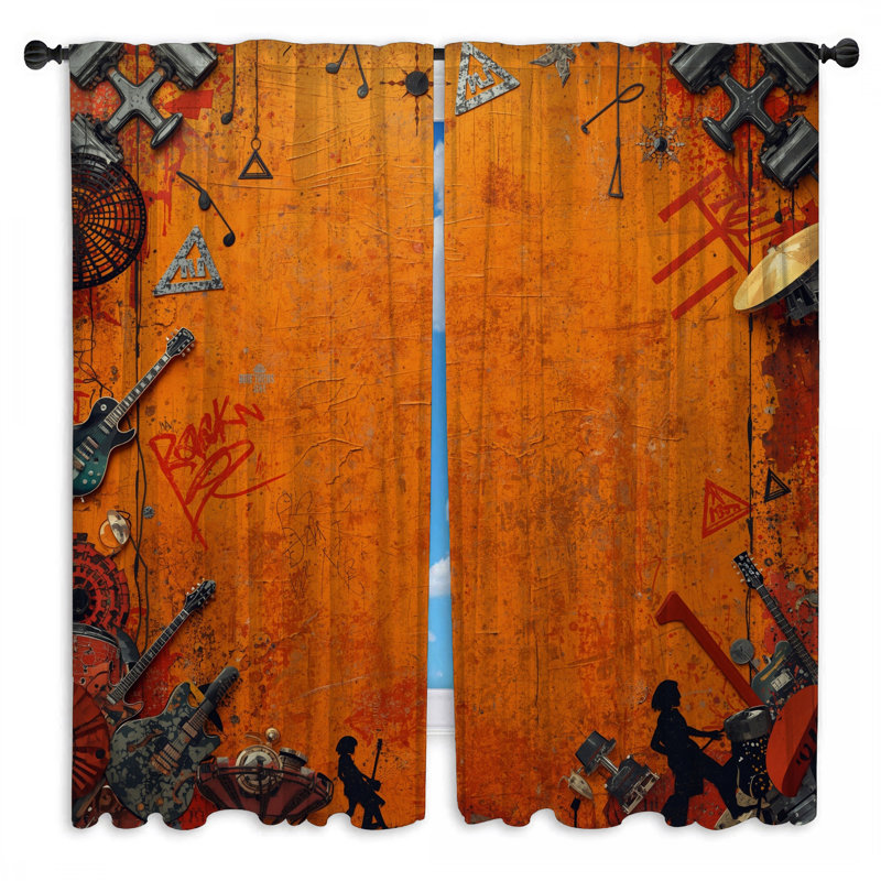Rideaux de fenêtre orange orange avec collage musical et voilage - 2 panneaux, 112 po x 78 po - 2 panneaux