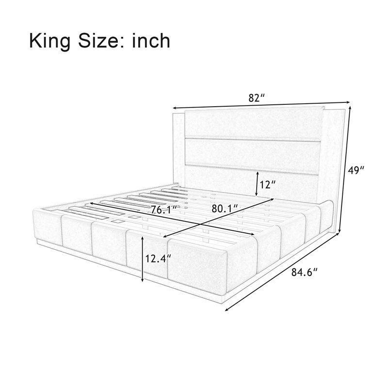 Structure de lit tapissier avec tête de lit allongée en bois, Blanc, Très grand lit