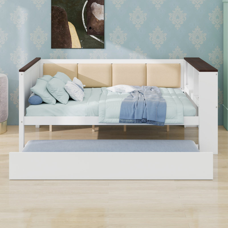 Daybed With Storage Shelves, Upholstered Backrest, USB, And Trundle, Full