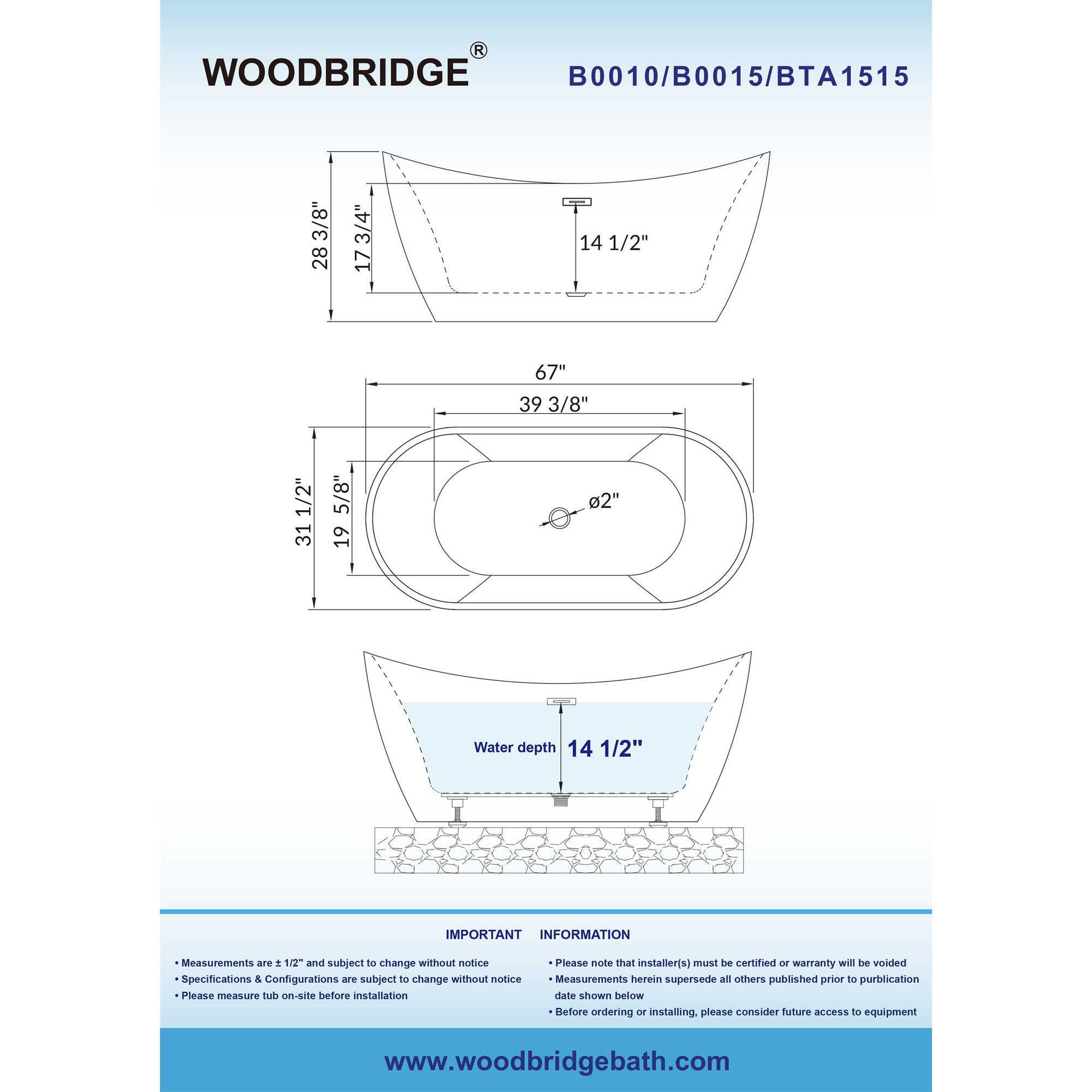 67'' x 32'' Freestanding Soaking Acrylic Bathtub, White, Brushed Nickel