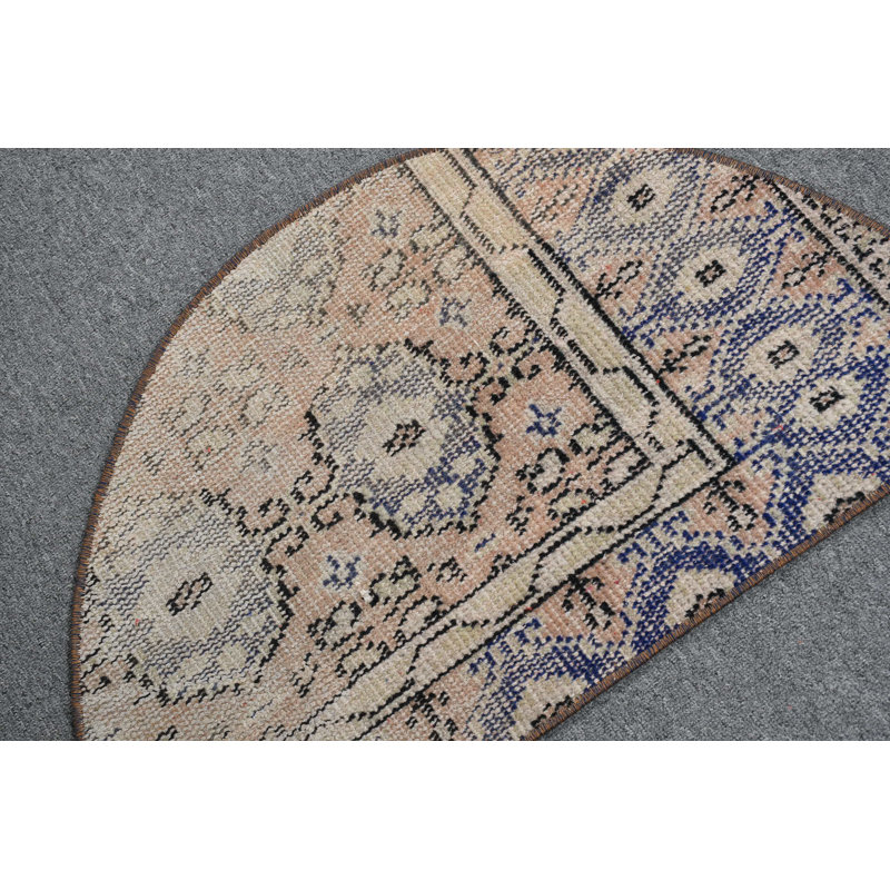 Tapis turc bleu anatolien fabriqué à la main en demi-cercle idéal pour les vestibules et décor rétro bleu / orange