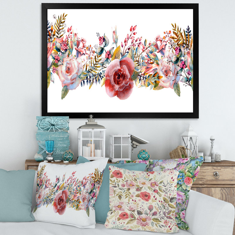 «Pink Roses And Wildflower», reproduction d'art sur toile, H 24 po x l 32 po x P 1 po, Cadre noir