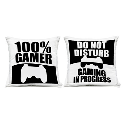 Competitive Gamer Black & White 2 Piece Outdoor Printed Pillow Set, design by Kim Allen