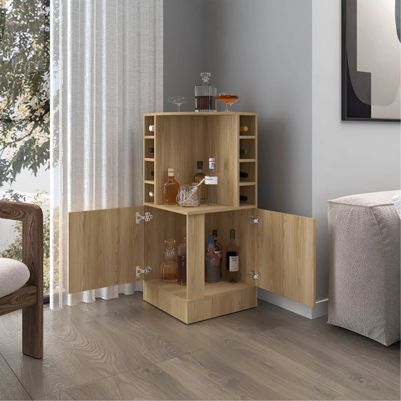 Bar d'angle avec porte-bouteilles et tablette ouverte, Bois naturel