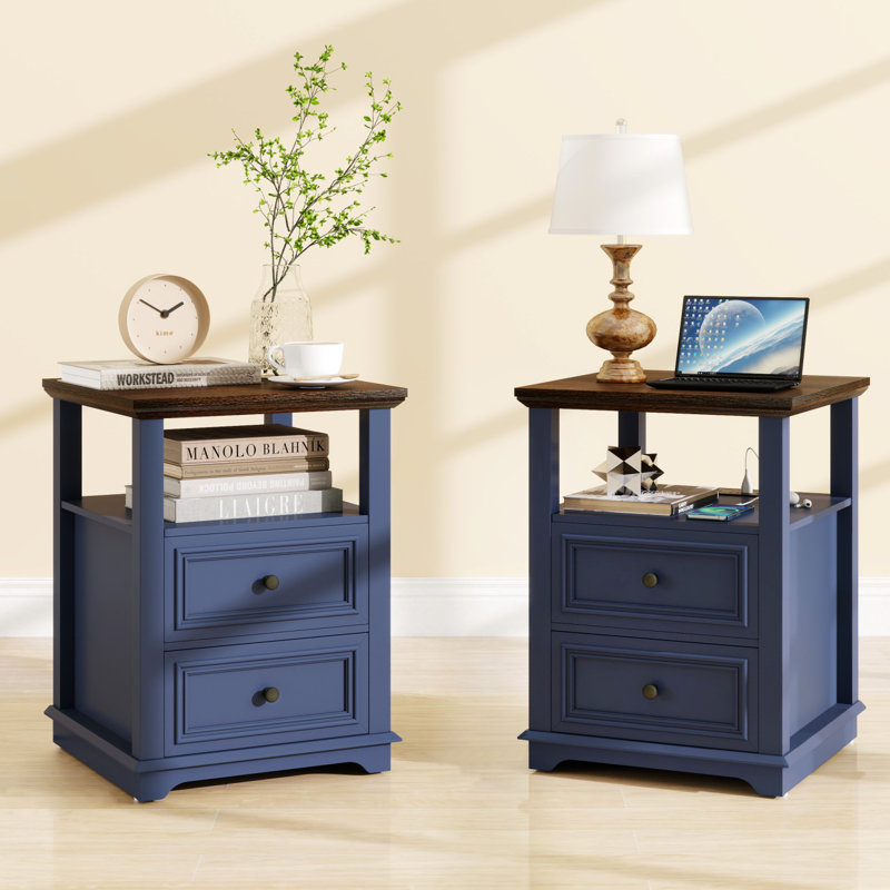 Lark Manor Deiren 2-Drawer Nightstands with Storage and Built-in Outlets, Blue, Set of 2