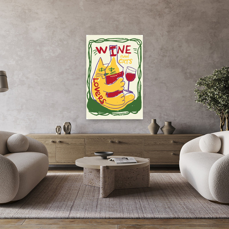 Wine Cat Lovers Abstract Modern Playful Cat Wall Art, 48" H x 32" W