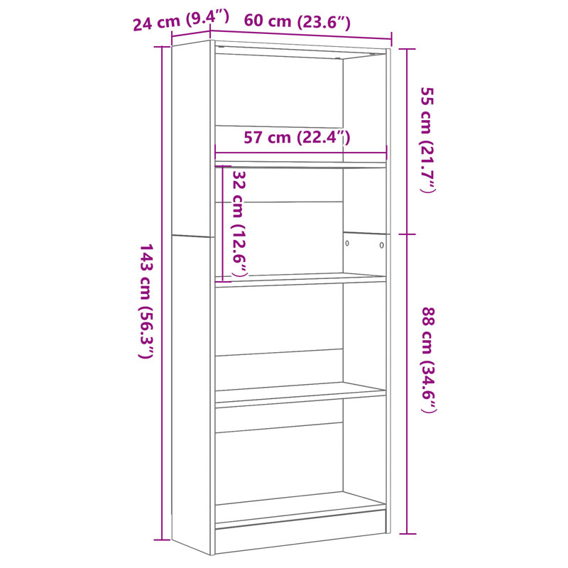 143cm H x 60cm W Book Cabinet Bookcase, Black Oak, 143 cm, 60 cm