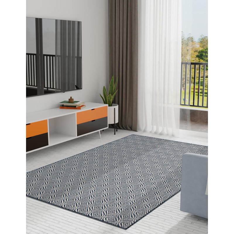 Tapis intérieur / extérieur bleu / ivoire Lithonia, Rectangle 7 pi 1 po x 10 pi