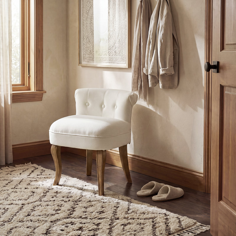 Jonna Tufted Vanity Chair with Solid Wood Legs, Ivory Velvet