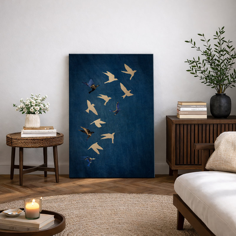 Oiseau volant indigo bleu marine, images de chambre à coucher minimalistes abstraites rétro, impression sur toile encadrée