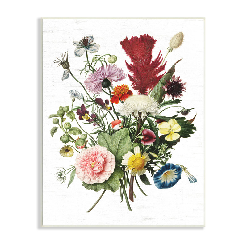 Illustration rétro sur fond blanc Wild Botanical Bouquet - impression, H 19 po x l 13 po, Bois