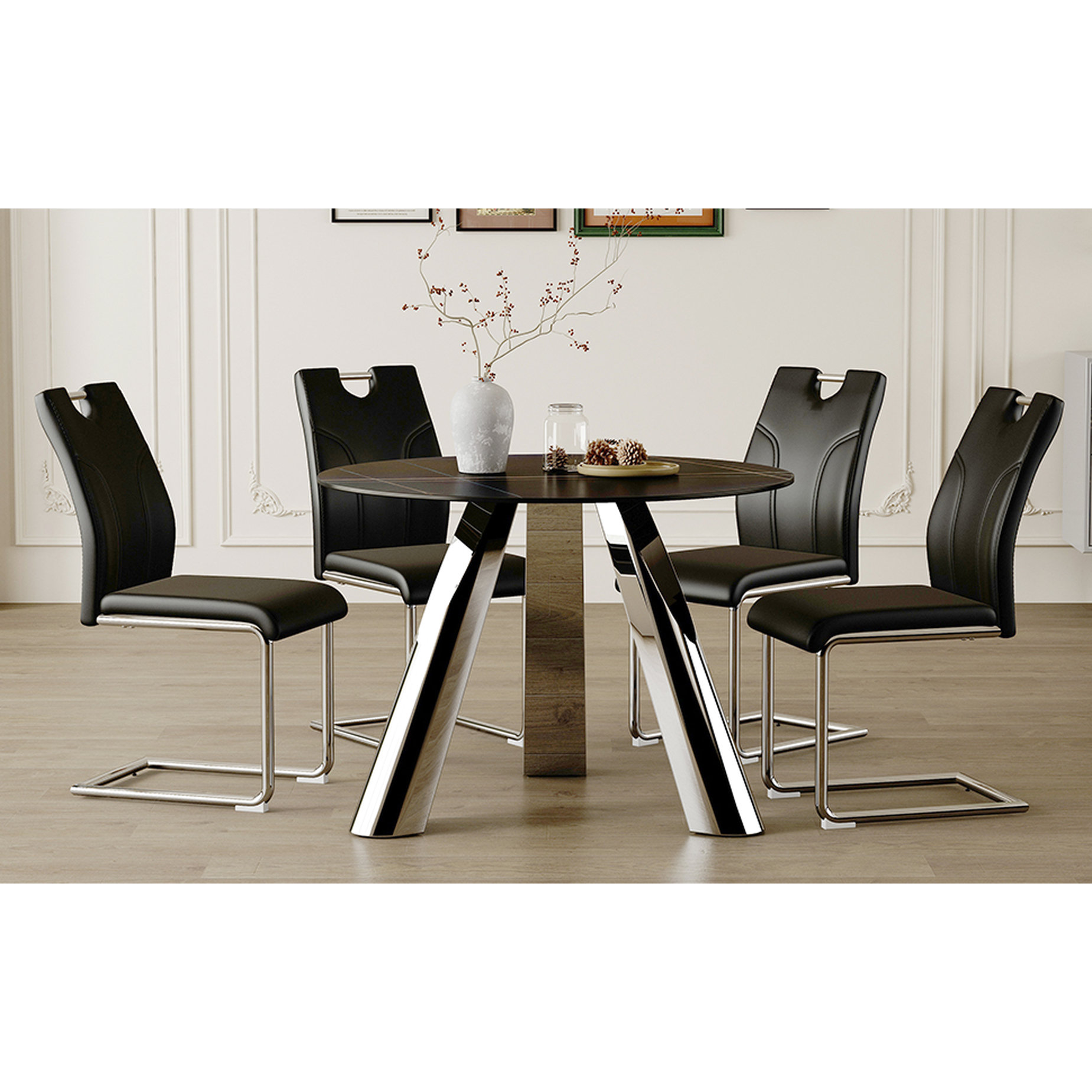 Ivy Bronx 42 - Inch Round Table With Sintered Stone And Stainless Steel ...