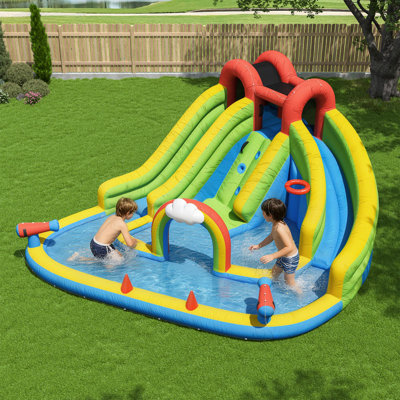 13X15ft Inflatable Water Slide Park With Double Slides, Water Cannons & Basketball Hoop For Kids Backyard