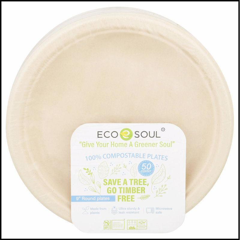 Plaques de bagasse 9 pouces Ecosoul, ultra robustes et résistantes aux fuites, 100% compostables, vont au micro-ondes et au réfrigérateur, caisse de 8 à 50 ct