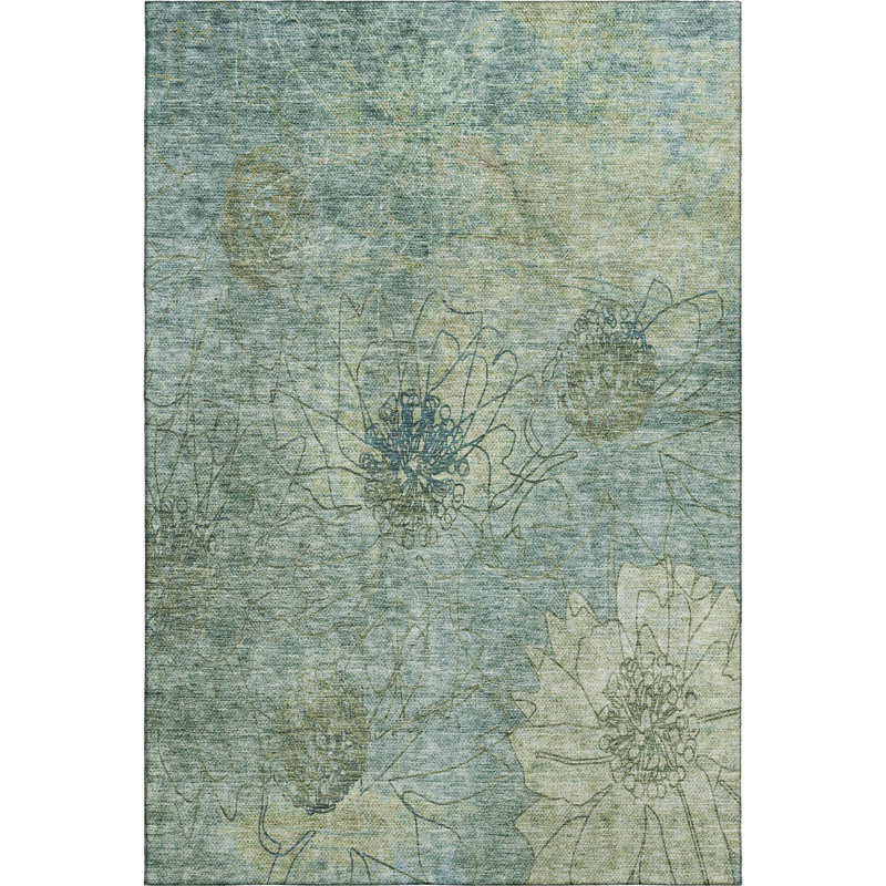 Premium Machine Washable Mayfield AMF2235 Floral Rug, Seafoam, 9' x 12'