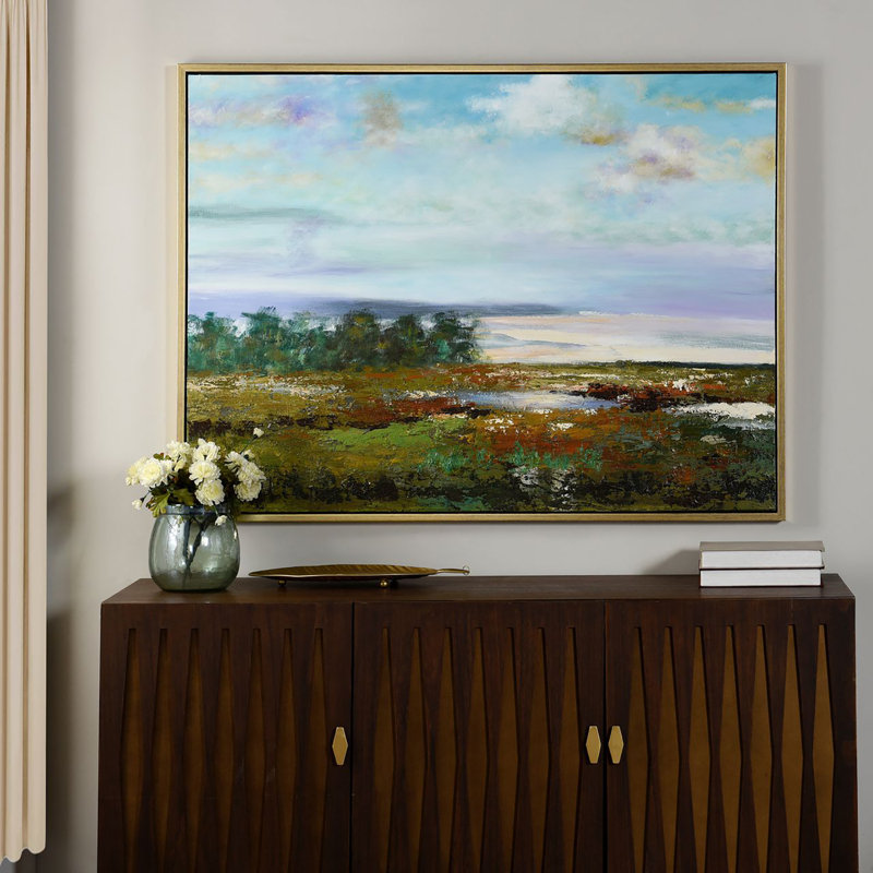 Vue colorée - peint à la main sur toile - 50 po x 38 po - cadre doré