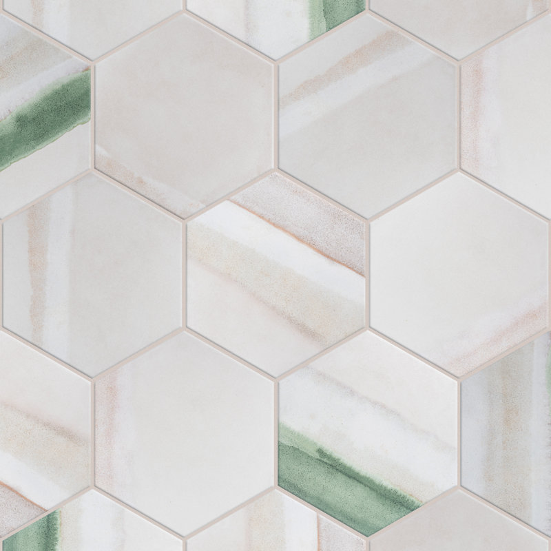 Matter Hex Canvas 8' x 9' Stone Look Wall & Floor Tile, Bone/Green