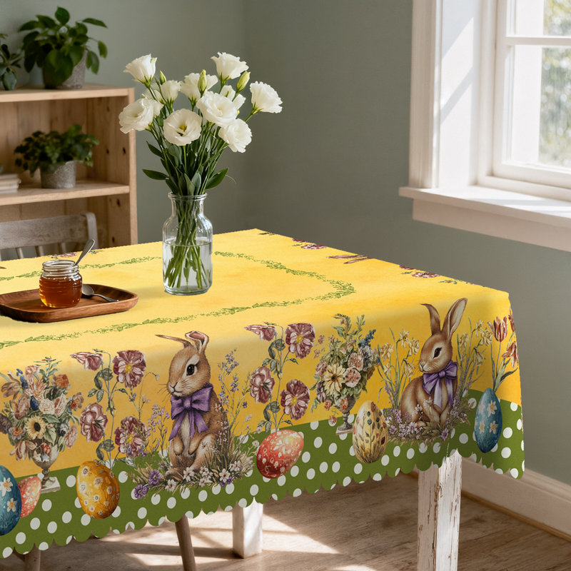 Nappe en polyester de Pâques jaune lavable à la machine, L 86,8 po x l 70,8 po