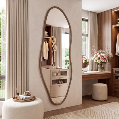 Irregular Full Length Wall Mirror with Solid Wood Frame, Asymmetrical Full Body Mirror, Organic Modern Decorative Mirror for Bedroom, Entryway, Living Room, Horizontal/Vertical