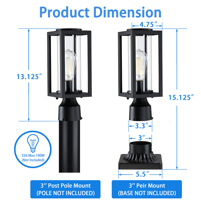 Outdoor Post Lights Lamp Post Light Fixture 2 Pack, Modern Black Exterior Post Lantern Fixture With Tempered Glass, Anti-rust Light Posts For Outside For Driveway Patio Garden
