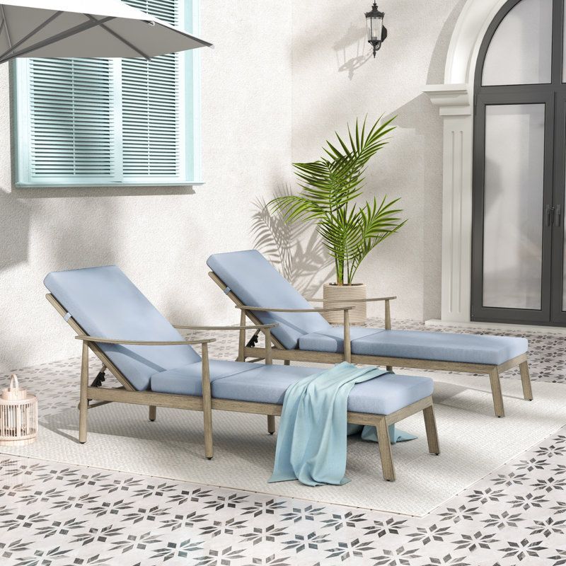 Ensemble 2 pièces de chaise longue de patio en aluminium avec dossier et coussins de sangles, Coussin bleu / cadre brun clair
