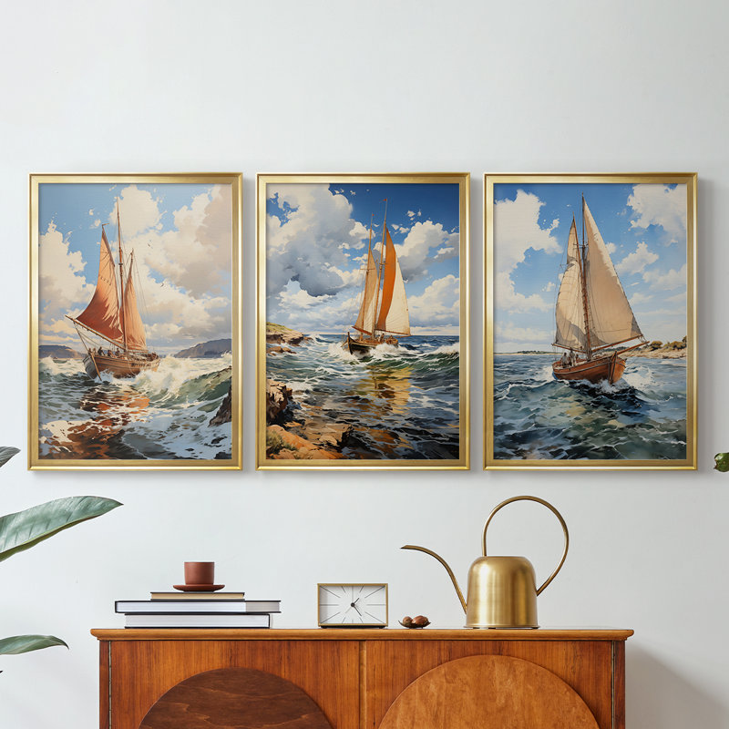 NAUTICAL Series CCCXVVII - Toile tendue avec châssis sur mesure - 3 pièces, H 30 po x l 63 po, Doré