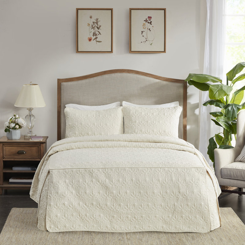 Couvre-lit plissé en coin 3 pièces Québec, Très grand, Crème, crème