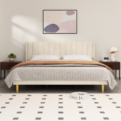 King Upholstered Wingback Platform Bed Frame with Vertical Channel Tufted Headboard, No Box Spring Needed, White