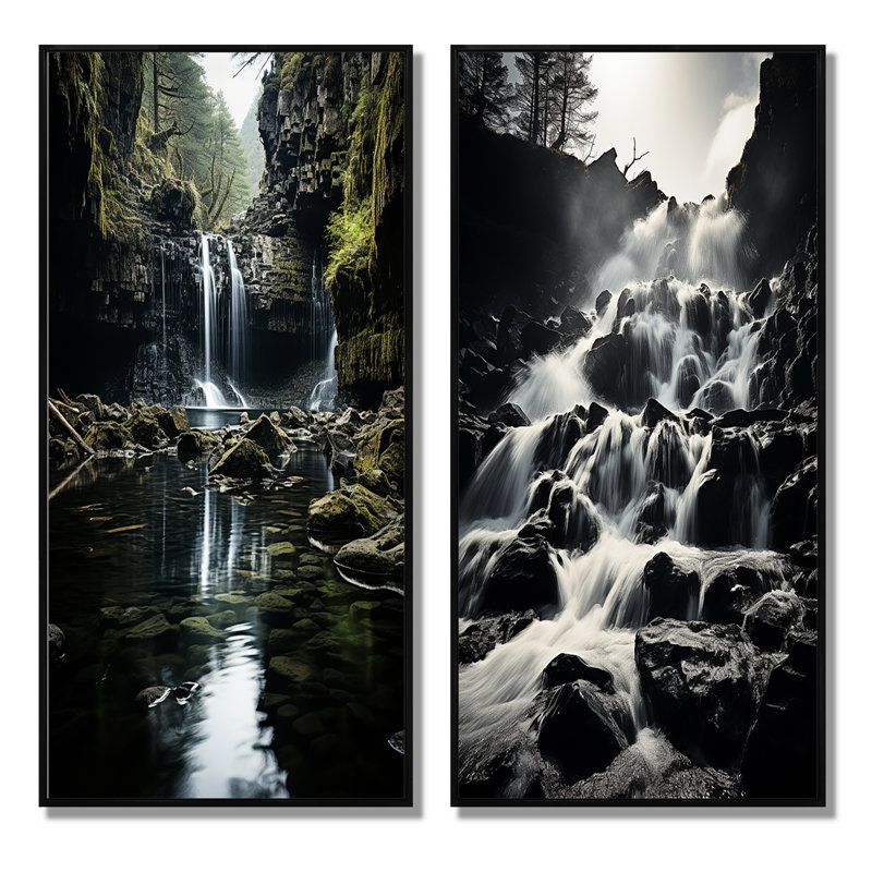 «Grey Green Waterfall Cascading Reflections», 2 pièces, Cadre noir, H 40 po x l 40 po