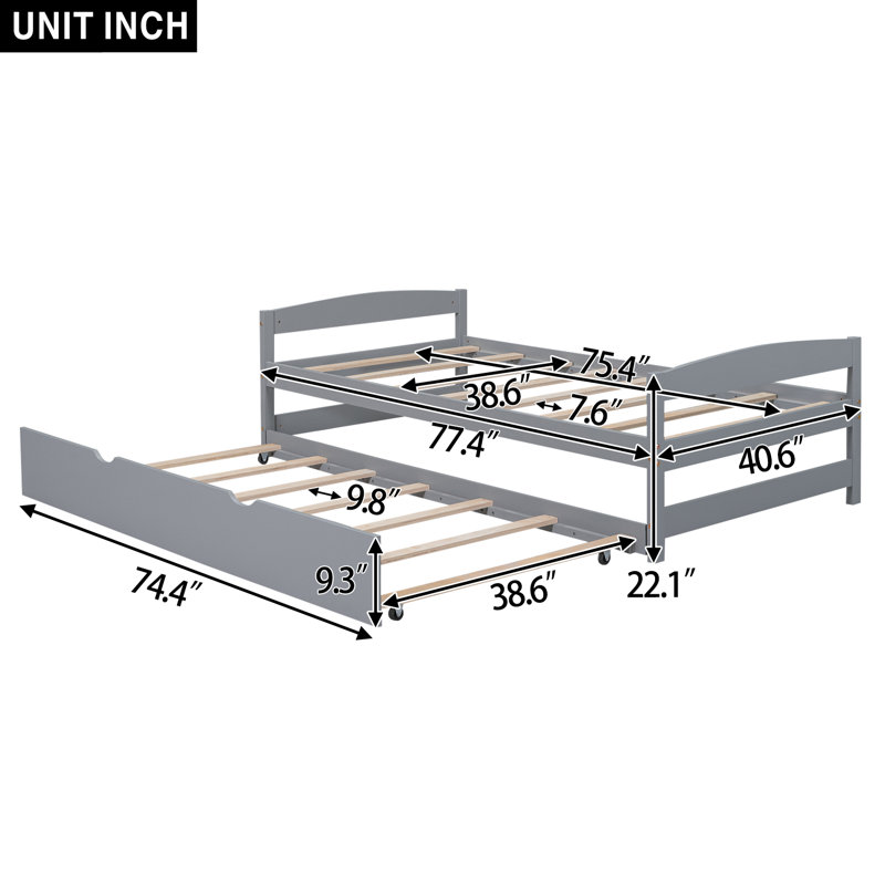 Lit plateforme simple avec lit gigogne, Gris