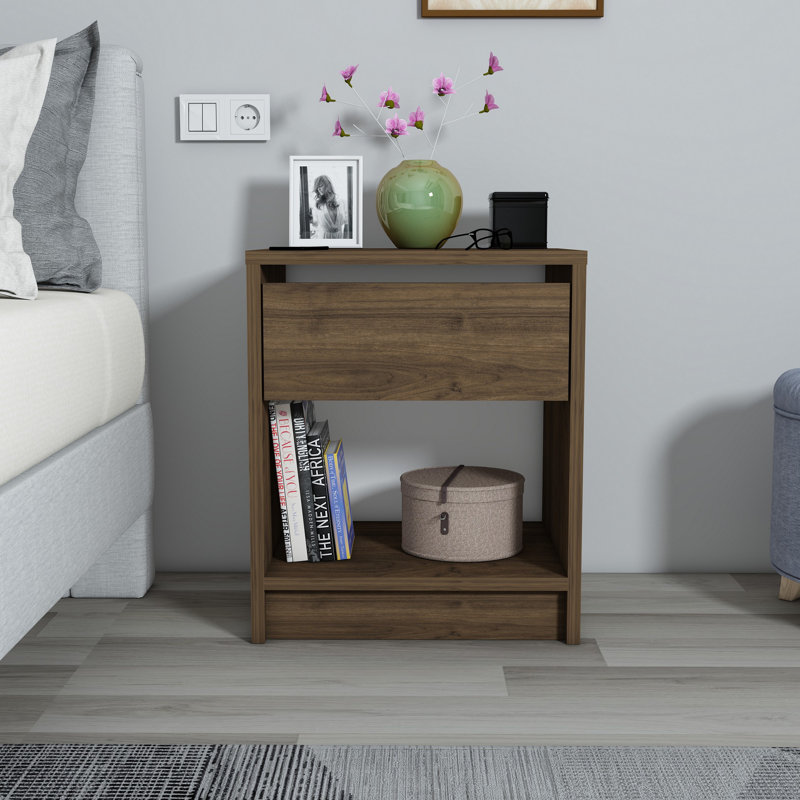 Stylish Nightstand with Wall-Mount Option, Walnut Finish, 17.6 x 20.8 x 14.1 inches | 100% Chipboard Construction, Space-Saving Design | Ideal for Modern Bedrooms, Elegant & Functional Storage Solution