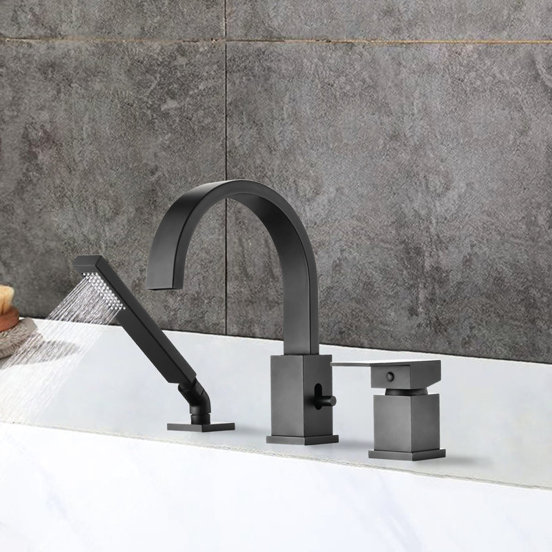 Waterfall Tub Faucet In Matte Black - Deck Mount 3 Roman. 2.16" Max Thickness, Ceramic Cartridge For Smooth Operation, With Hand Shower Mounted Black. Roman Filler, 1.5 Gpm Flow,