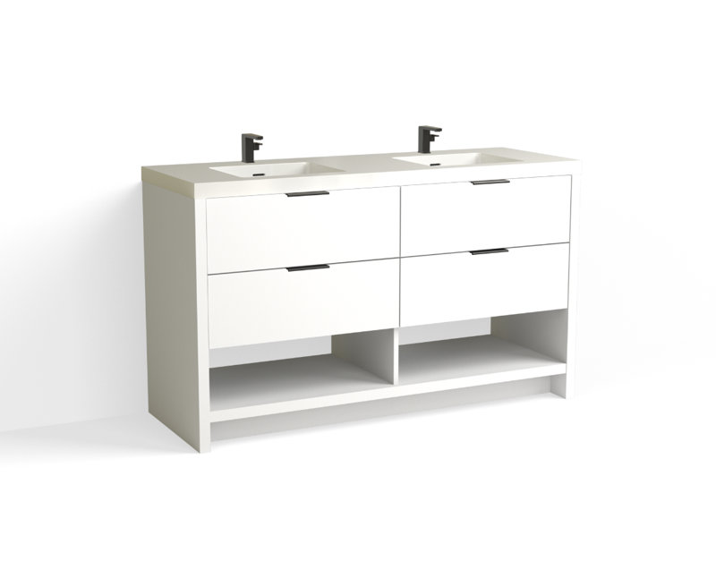 Vue 60" W Freestanding Double Bathroom Vanity, Glossy White/Single, White Nanomatte, Matte Black