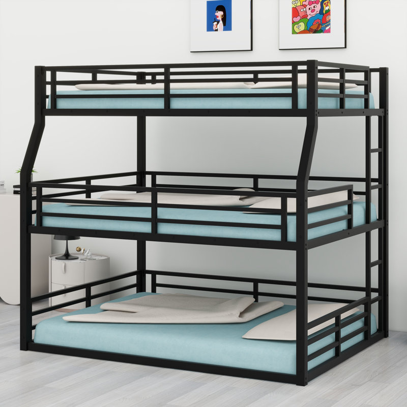 Metal Triple Bunk Bed With Guardrails, Full/Full XL Over Queen Over Queen, Black