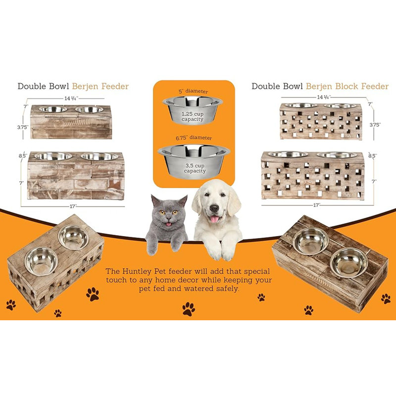 Large Rustic Reclaimed Wood Elevated Pet Feeder with Stainless Steel Bowls