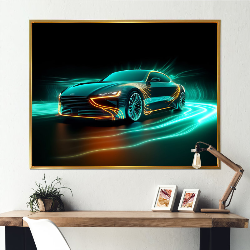 «Neon Light Strips Teal Hybrid Car I», reproduction sur toile, Cadre flottant doré, H 12 po x l 20 po x P 1 po