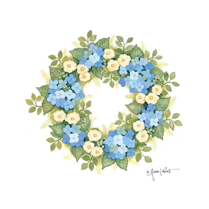 Hydrangeas In Bloom Wreath by Annie LaPoint - Wrapped Canvas Print, 30.48 cm H x 30.48 cm W