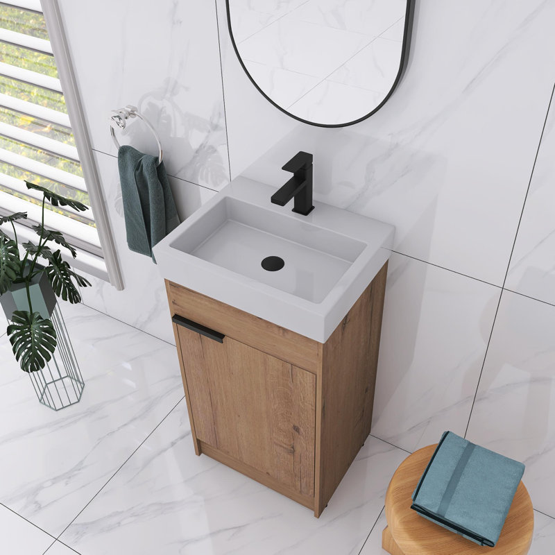 18" Freestanding Single Bathroom Vanity with Ceramic Top, Floor Standing Bathroom Vanity Set with 1 Door, 1 Adjustable Shelf