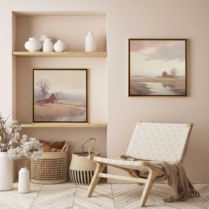 Rustic Barns and Misty Fields, ensemble de 2 reproductions sur toile, Cadre noir, H 12,75 po x l 12,75 po x P 1,75 po