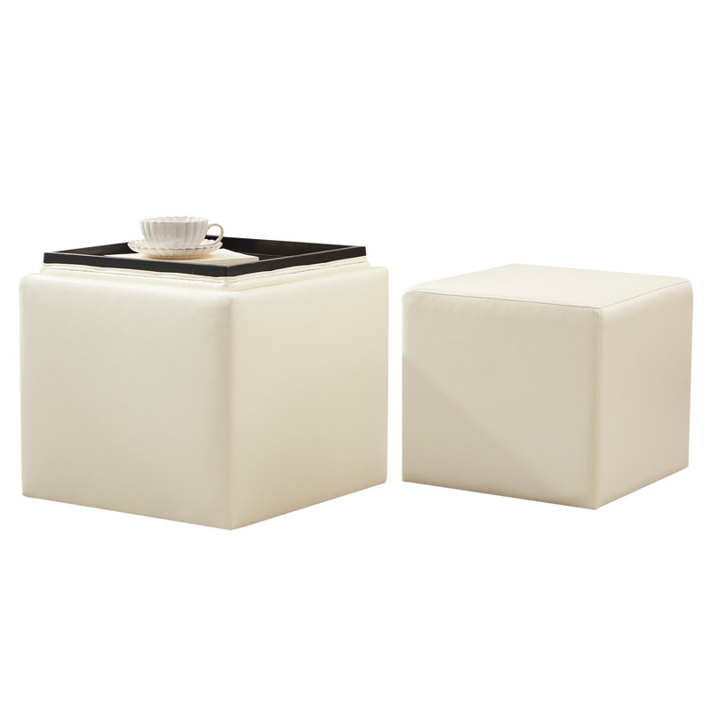 Faux Leather Storage Ottoman set, Adile Cream Faux Leather
