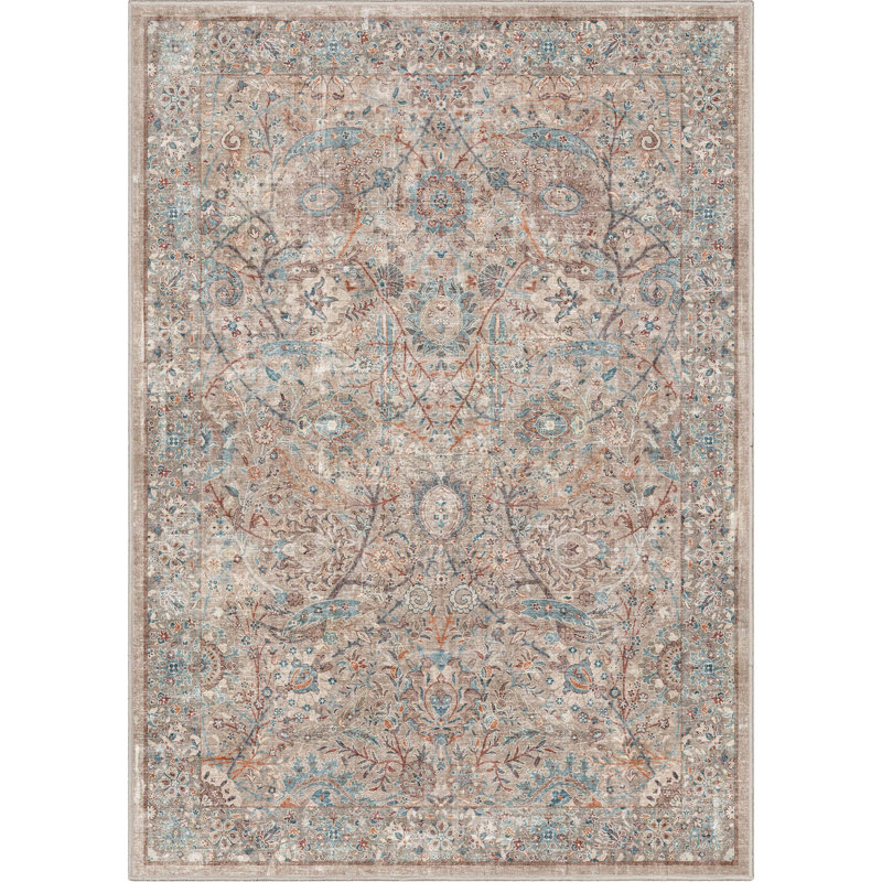Emilia Vintage Persian Floral Ivory Flat-Weave Thin Rug, Rectangle 5'3" x 7'3"
