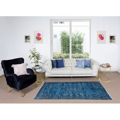 Tapis turc 3,7 pi x 7 pi noué à la main de couleur bleu marine, idéal pour 4 intérieurs modernes