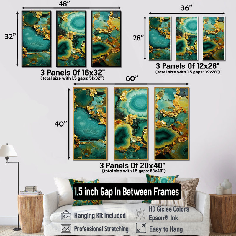 Amazonite dorée verte dorée - géode de pierre, art mural, Cadre flottant noir, H 32 po x l 48 po x P 1 po