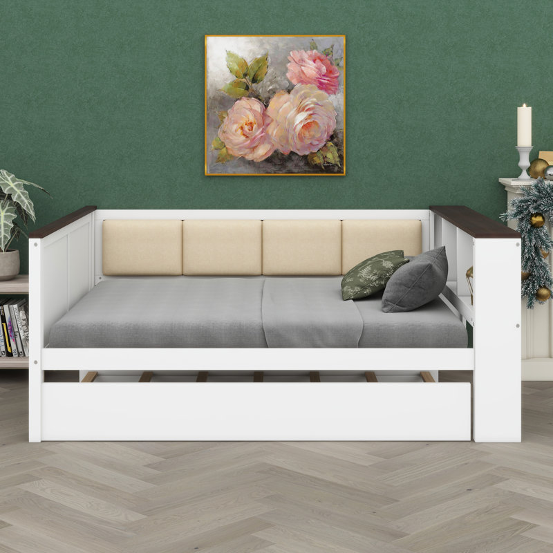 Versatile Wood Frame Daybed With Comfortable Upholstered Headboard, Side Shelves, USB Port & Under-Bed Trundle For Extra Sleep Space
