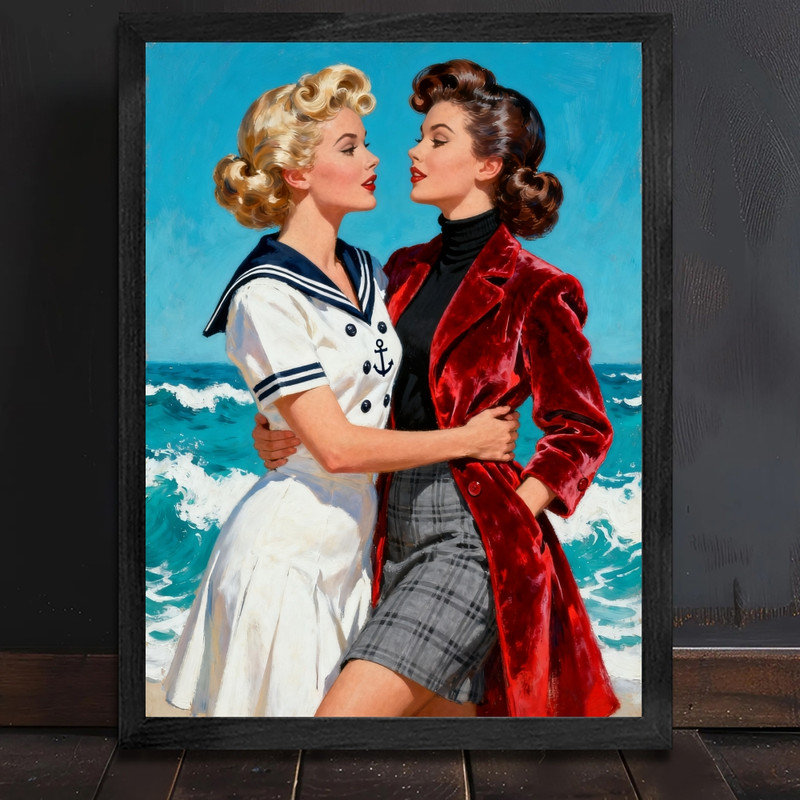 Reproduction d'art encadrée noire rétro, bord de mer, rétro, portrait de plage, H 11 po x l 9 po
