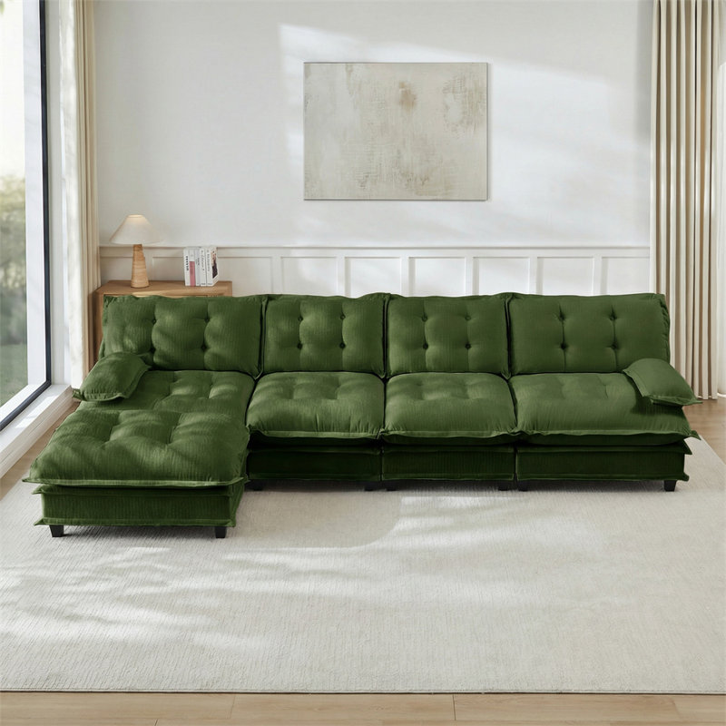4-Seater L-Shaped Sectional, Green Chenille
