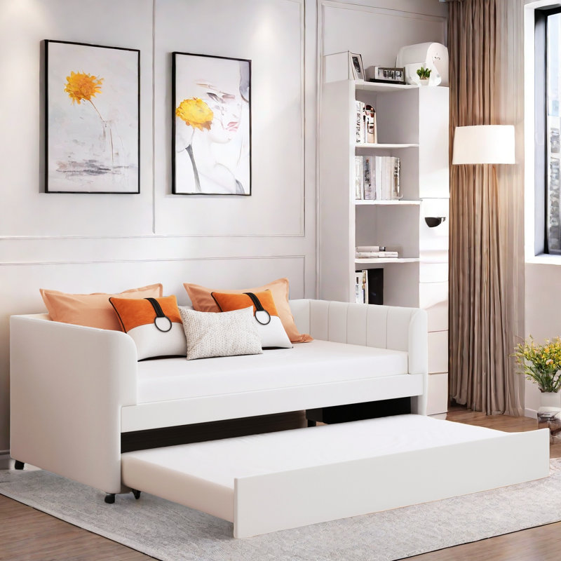 Lit de jour rembourré Aliasa avec dossier ergonomique et lit gigogne, Beige
