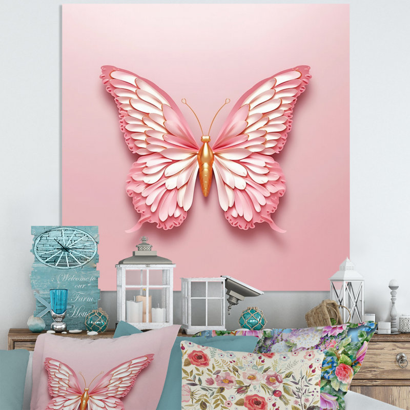 Art mural papillon en métal, décor d'insecte or rose - papillon rose et or III, H 23 po x l 23 po x P 1 po
