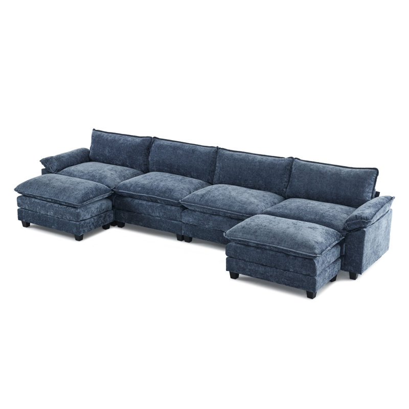 Canapé modulaire 4 places avec 2 repose-pieds Latitude Run®, Chenille gris bleu